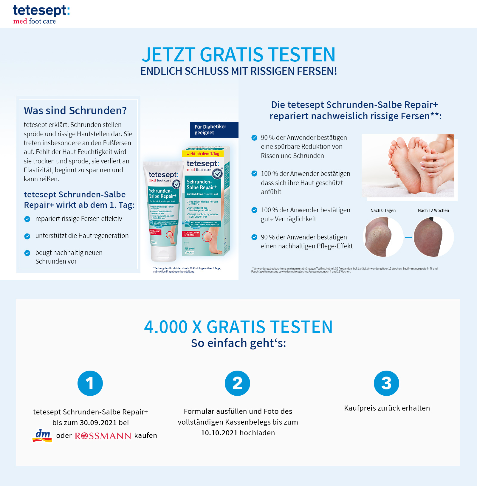 tetesept footcare med Schrunden-Salbe Repair+ - GRATIS TESTEN dank GELD-ZURÜCK-AKTION 285d09a0c06267ae9d608b53e0892807